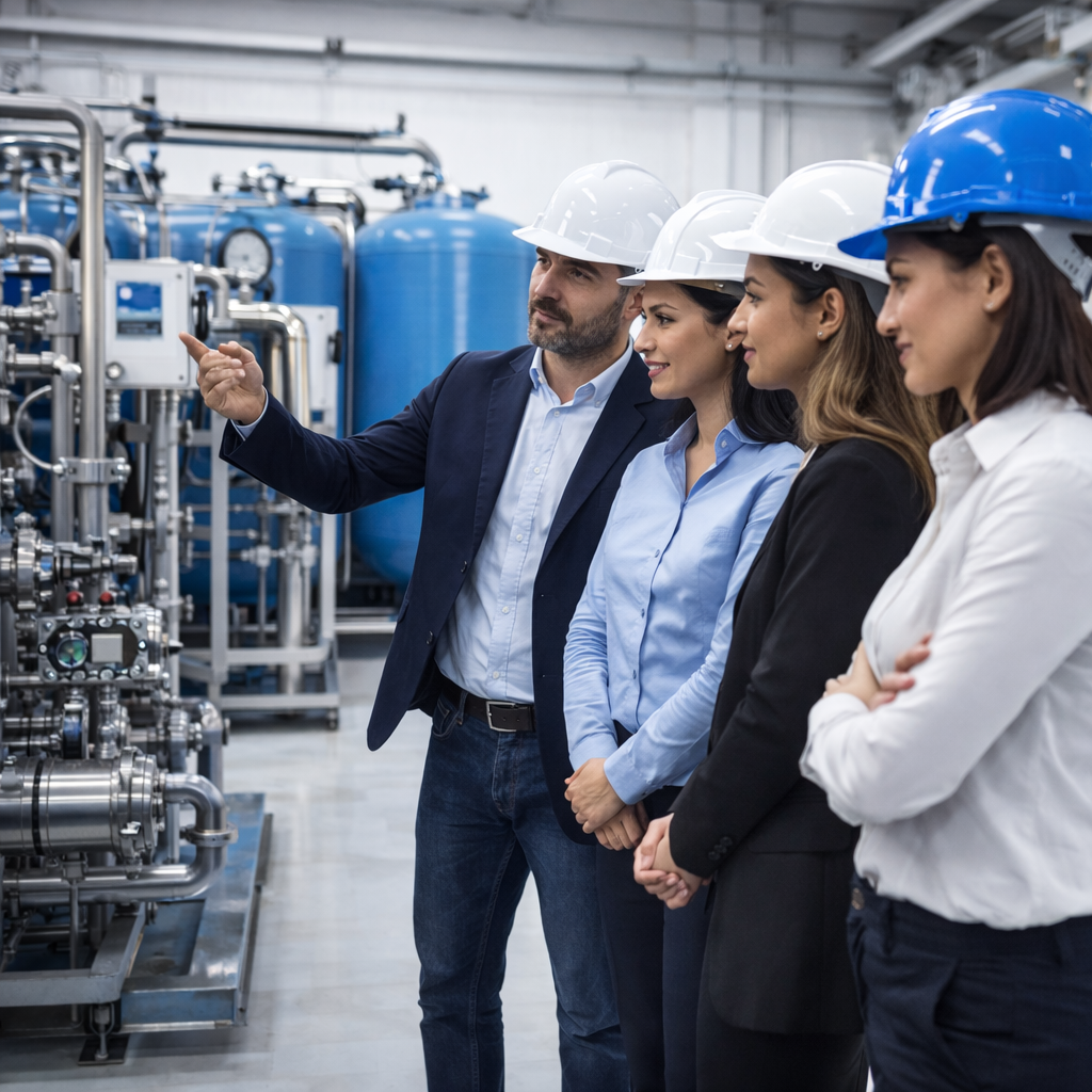 Equipo multidisciplinario de Velten inspeccionando sistema de potabilización de agua recién instalado