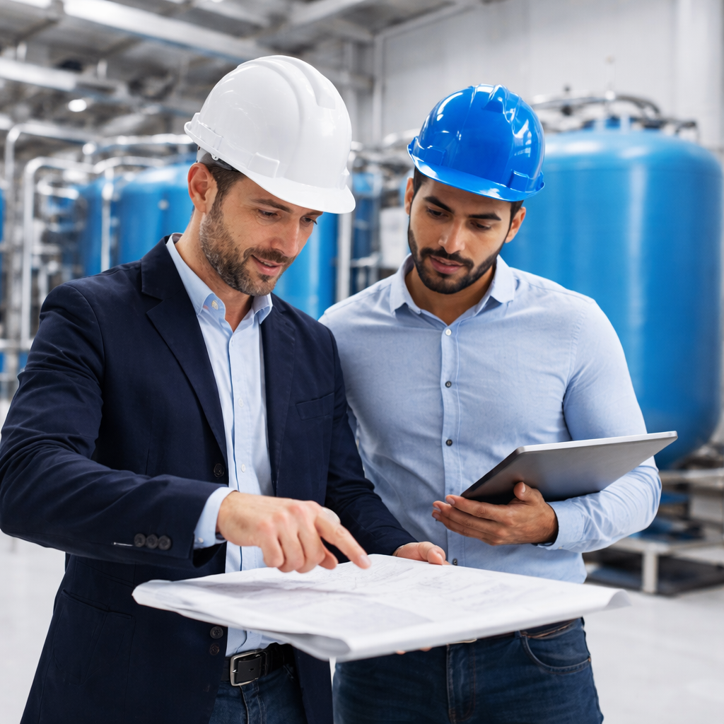 Equipo técnico de Velten evaluando soluciones de tratamiento de agua en instalación industrial